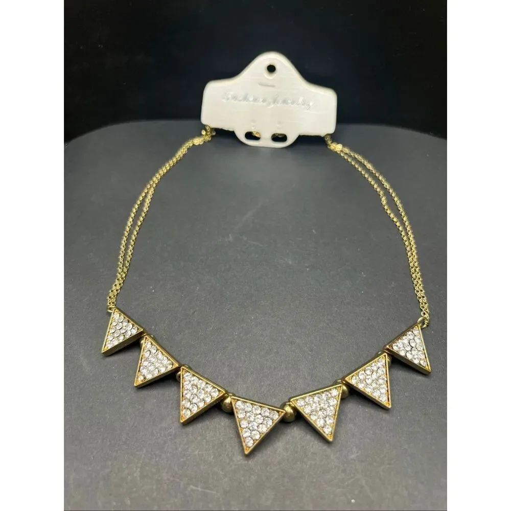 Gold Tone Dual Chain Triangle Pave Rhinestone Statement Bib Necklace